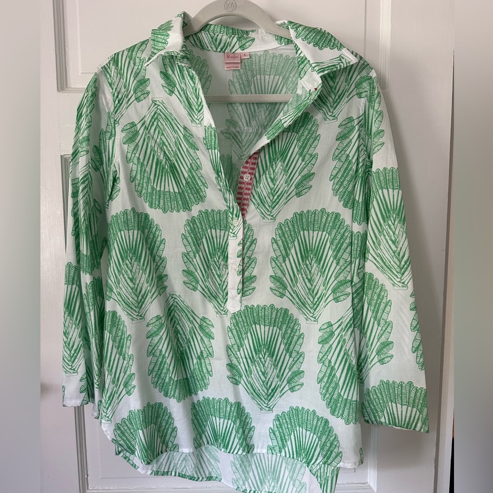 PERSIFOR Green Pemba Leaf Lightweight Cotton Blouse, Size Large